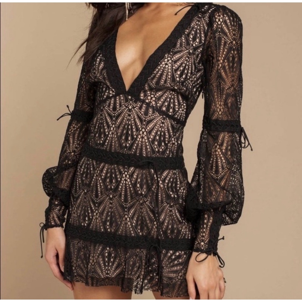 For Love & Lemons Lace Mini Dress XS Bright Lights Black Nude Indie Boho Party
